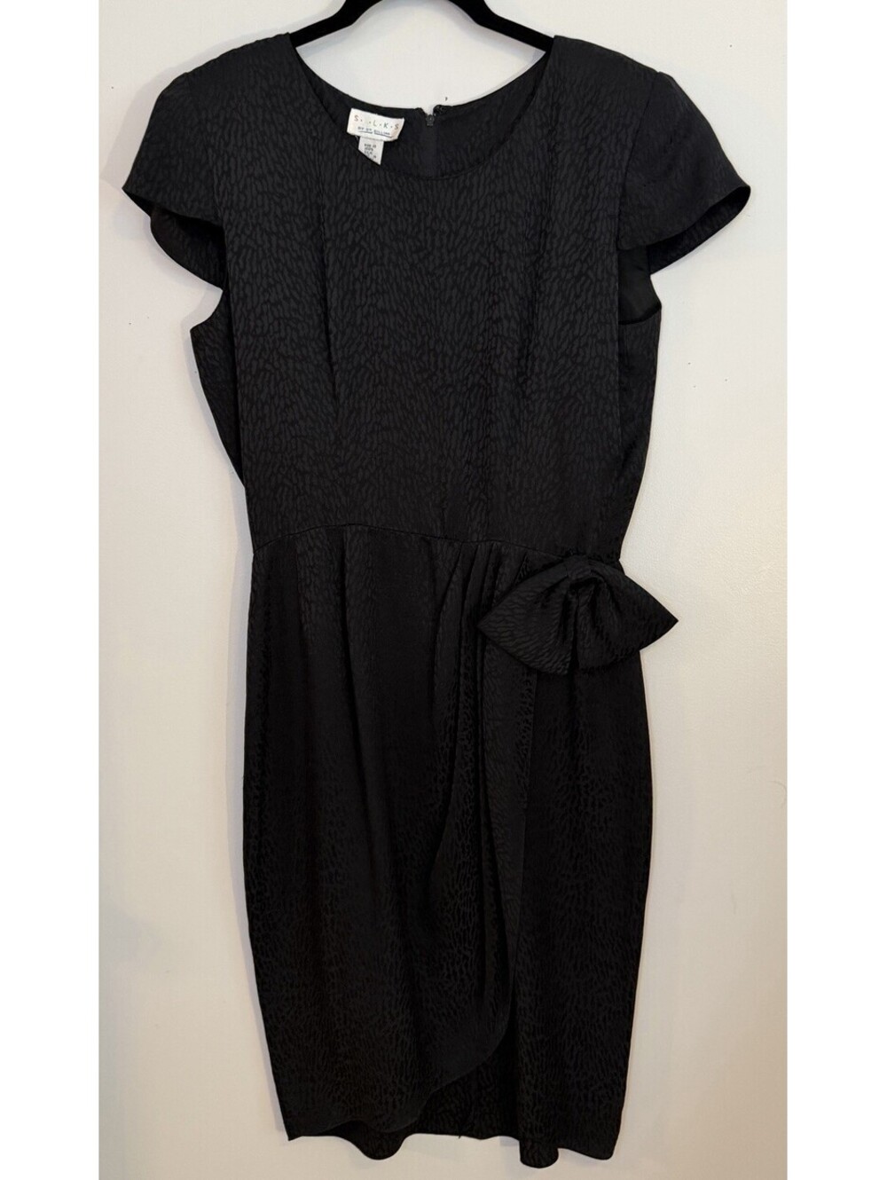 VTG 80’s St Gillian SILKS Black 100% Silk Jacquard Cocktail Dress Bow LBD Sz 10